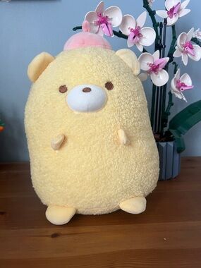 Plush Yellow Bear Stuffed Animal with Pink Hat - Soft Kids Toy